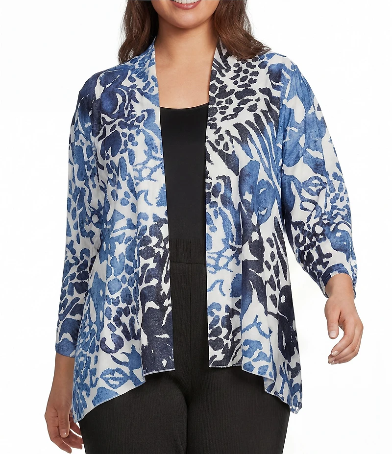 Calessa Plus Size Burnout Dip Dye Draped Collar Wrist Length Sleeve Open Front Cardigan