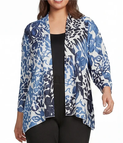 Calessa Plus Size Burnout Dip Dye Draped Collar Wrist Length Sleeve Open Front Cardigan