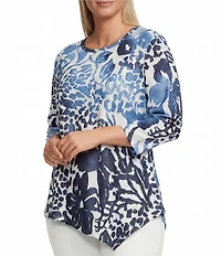 Calessa Plus Size Burnout Dip Dyed Crew Neck 3/4 Sleeve Asymmetric Tunic