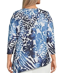 Calessa Plus Size Burnout Dip Dyed Crew Neck 3/4 Sleeve Asymmetric Tunic