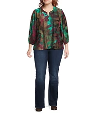 Calessa Plus Size Burnout Knit Tie-Dye Band Collar 3/4 Balloon Sleeve Shirttail Hem Tunic