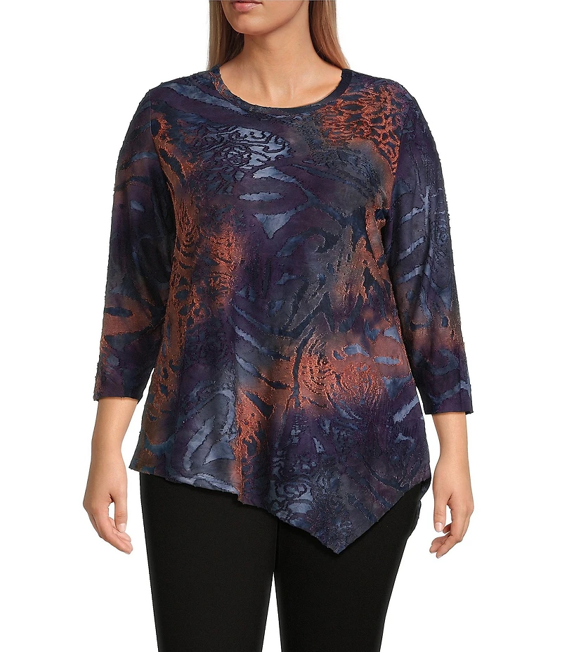 Calessa Plus Size Burnout Knit Tie-Dye Crew Neck 3/4 Sleeve Asymmetric Hem Tunic