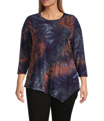 Calessa Plus Size Burnout Knit Tie-Dye Crew Neck 3/4 Sleeve Asymmetric Hem Tunic
