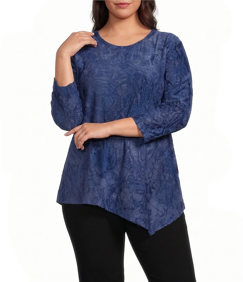 Calessa Plus Size Burnout Knit Tie-Dye Crew Neck 3/4 Sleeve Asymmetrical Hem Top