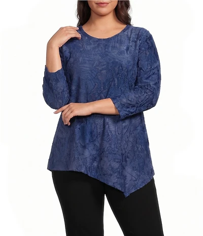 Calessa Plus Size Burnout Knit Tie-Dye Crew Neck 3/4 Sleeve Asymmetrical Hem Top