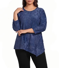 Calessa Plus Size Burnout Knit Tie-Dye Crew Neck 3/4 Sleeve Asymmetrical Hem Top