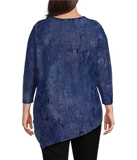 Calessa Plus Size Burnout Knit Tie-Dye Crew Neck 3/4 Sleeve Asymmetrical Hem Top
