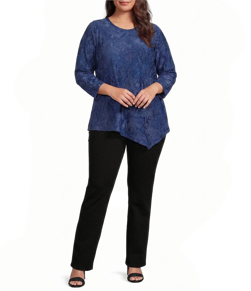 Calessa Plus Size Burnout Knit Tie-Dye Crew Neck 3/4 Sleeve Asymmetrical Hem Top