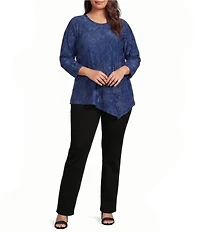 Calessa Plus Size Burnout Knit Tie-Dye Crew Neck 3/4 Sleeve Asymmetrical Hem Top
