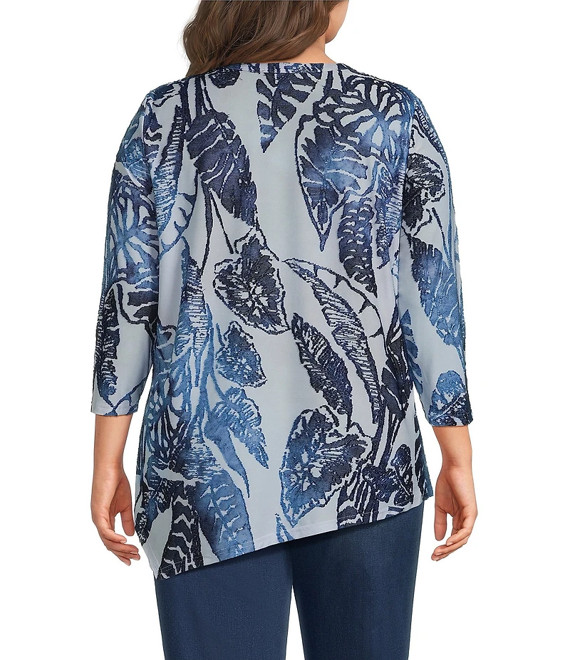 Calessa Plus Size Burnout Knit Tie-Dye Crew Neck 3/4 Sleeve Asymmetrical Hem Tunic