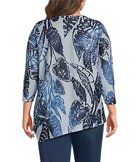 Calessa Plus Size Burnout Knit Tie-Dye Crew Neck 3/4 Sleeve Asymmetrical Hem Tunic