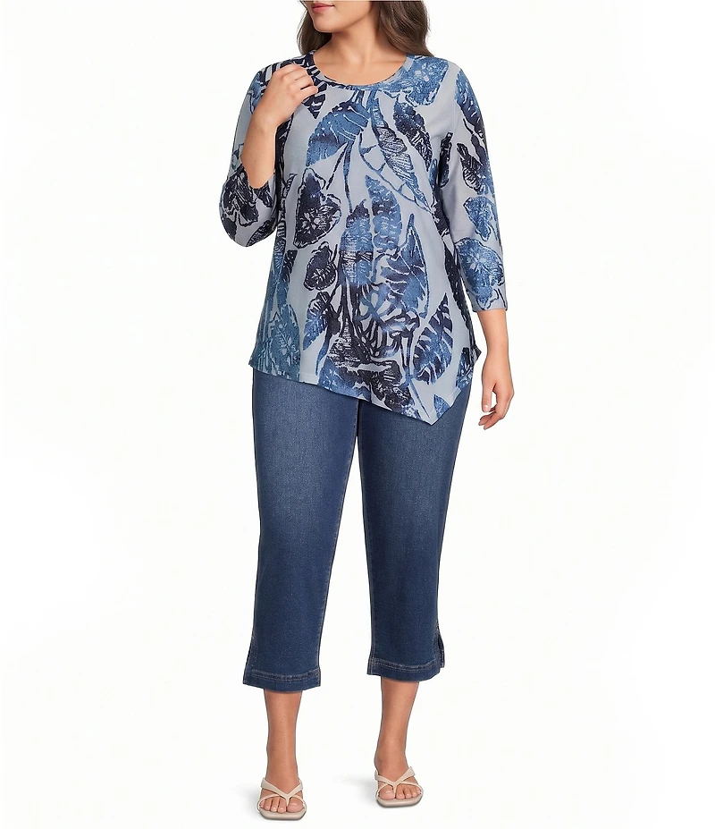 Calessa Plus Size Burnout Knit Tie-Dye Crew Neck 3/4 Sleeve Asymmetrical Hem Tunic