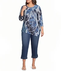 Calessa Plus Size Burnout Knit Tie-Dye Crew Neck 3/4 Sleeve Asymmetrical Hem Tunic