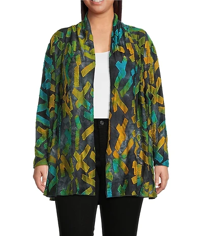 Calessa Plus Size Burnout Knit Tie-Dye Long Sleeve Open-Front Cardigan