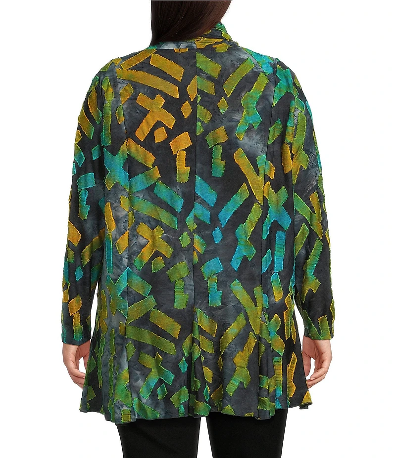Calessa Plus Size Burnout Knit Tie-Dye Long Sleeve Open-Front Cardigan