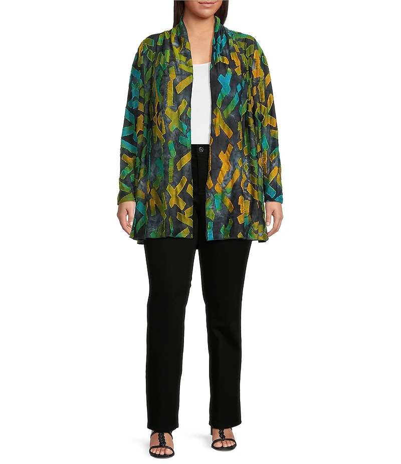 Calessa Plus Size Burnout Knit Tie-Dye Long Sleeve Open-Front Cardigan