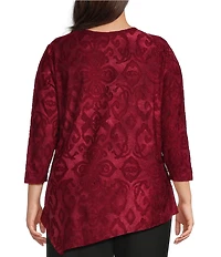 Calessa Plus Size Burnout Print Scoop Neck 3/4 Sleeve Asymmetric Hem Top