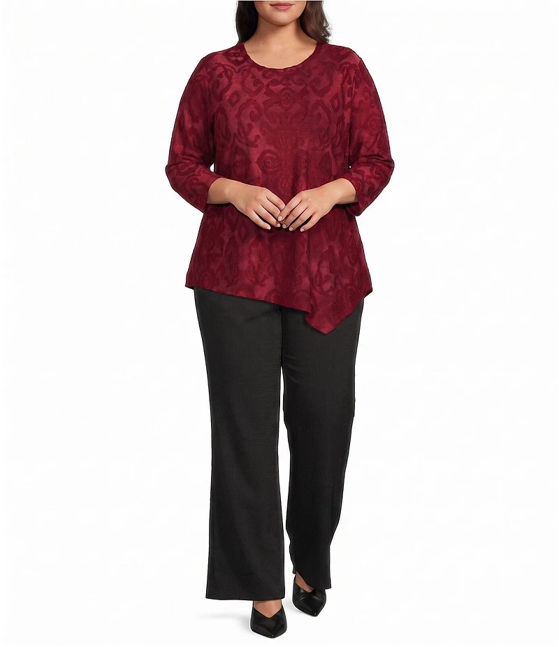 Calessa Plus Size Burnout Print Scoop Neck 3/4 Sleeve Asymmetric Hem Top