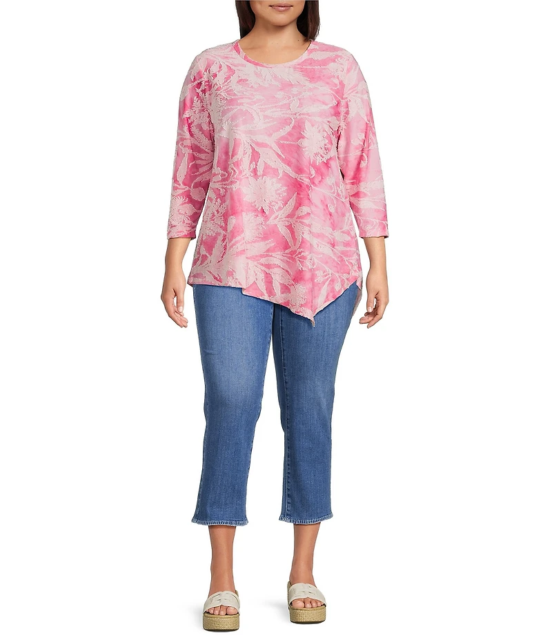 Calessa Plus Size Burnout Stretch Tie Dye Asymmetric Hem Tunic
