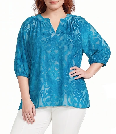 Calessa Plus Size Burnout Tie-Dye Banded Split Neck Elbow Length Balloon Sleeve Top