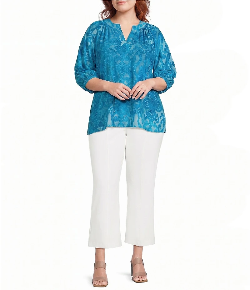 Calessa Plus Size Burnout Tie-Dye Banded Split Neck Elbow Length Balloon Sleeve Top