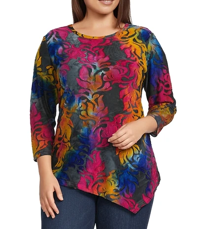Calessa Plus Size Burnout Tie-Dye Print Crew Neck 3/4 Sleeve Asymmetric Hem Tunic