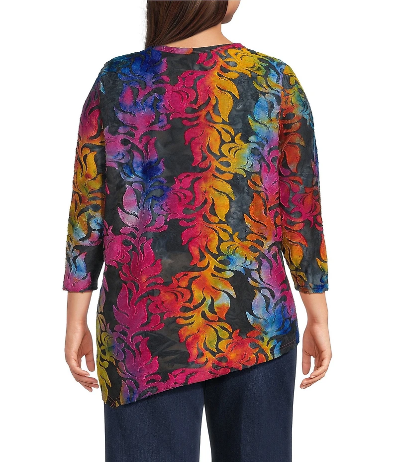 Calessa Plus Size Burnout Tie-Dye Print Crew Neck 3/4 Sleeve Asymmetric Hem Tunic