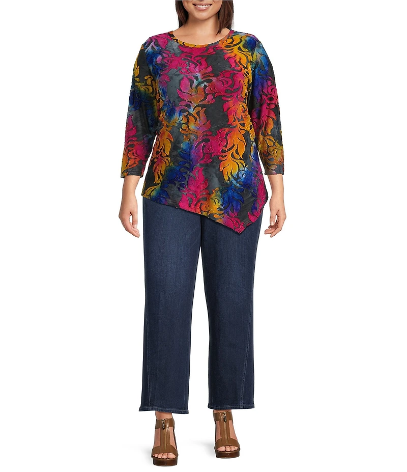 Calessa Plus Size Burnout Tie-Dye Print Crew Neck 3/4 Sleeve Asymmetric Hem Tunic