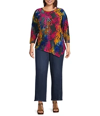 Calessa Plus Size Burnout Tie-Dye Print Crew Neck 3/4 Sleeve Asymmetric Hem Tunic