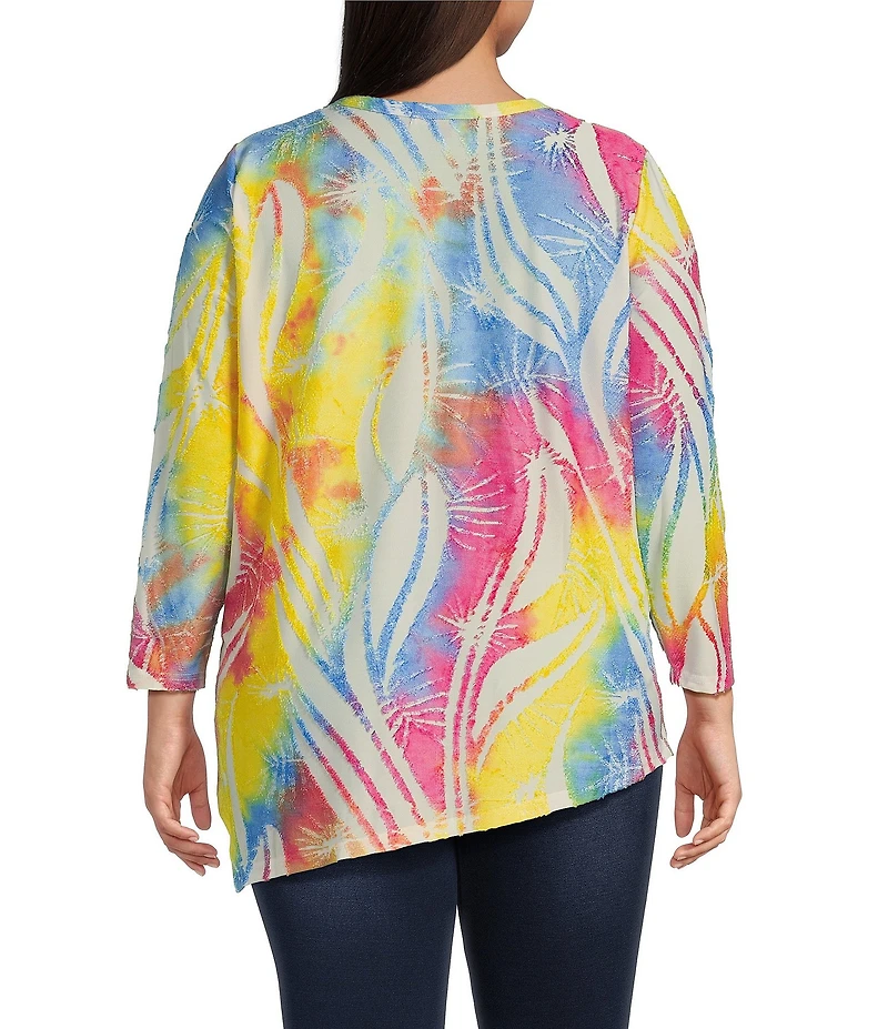 Calessa Plus Size Burnout Tie-Dye Crew Neck 3/4 Sleeve Asymmetric Hem Tunic