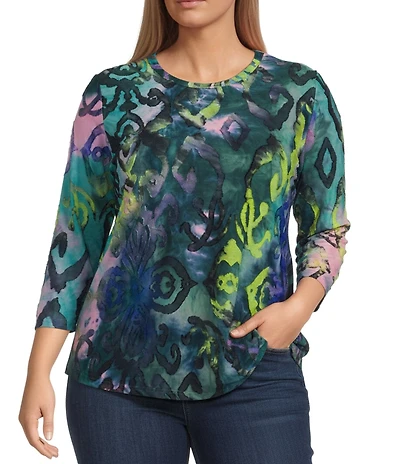 Calessa Plus Size Burnout Tie-Dye Crew Neck 3/4 Sleeve Asymmetric Hem Tunic