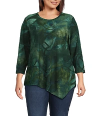 Calessa Plus Size Burnout Tie-Dye Crew Neck 3/4 Sleeve Asymmetric Hem Tunic
