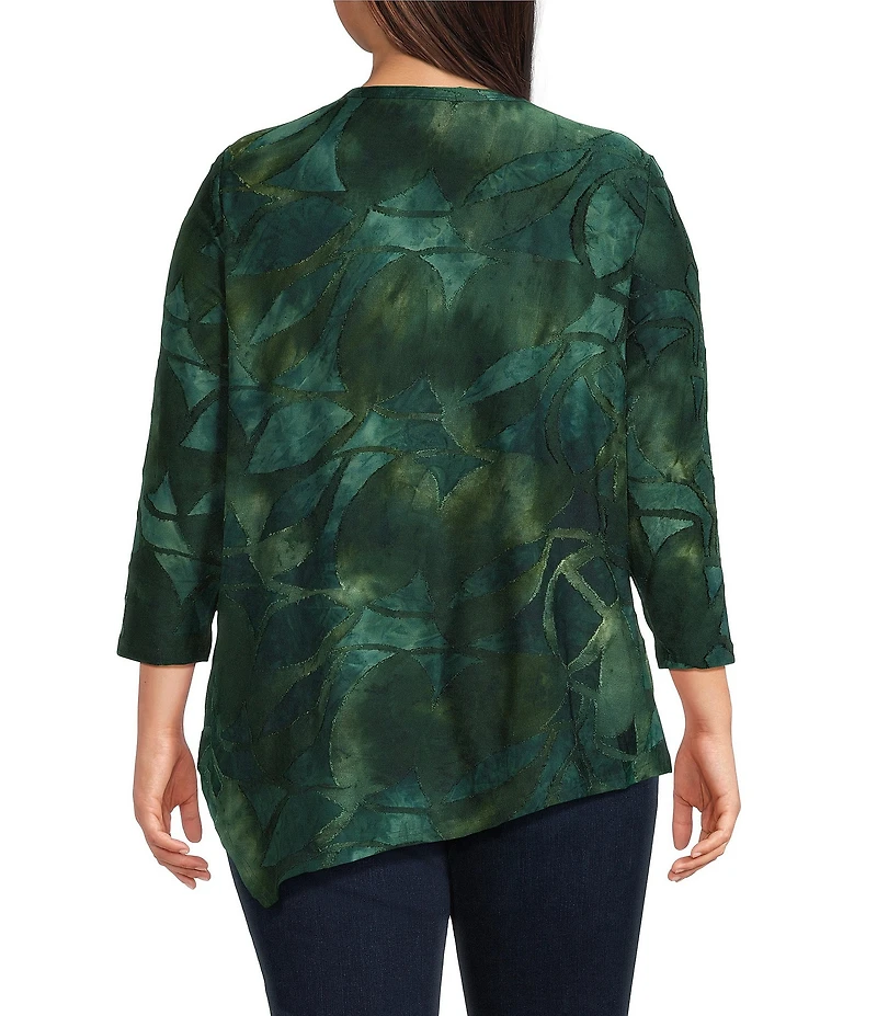 Calessa Plus Size Burnout Tie-Dye Crew Neck 3/4 Sleeve Asymmetric Hem Tunic