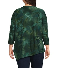 Calessa Plus Size Burnout Tie-Dye Crew Neck 3/4 Sleeve Asymmetric Hem Tunic