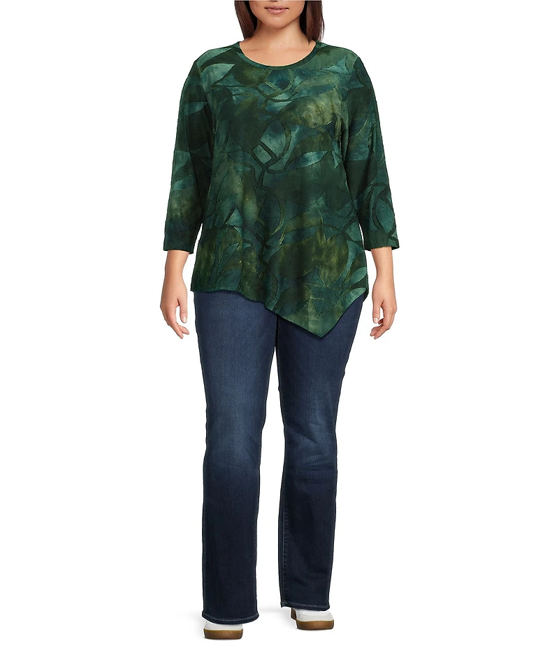 Calessa Plus Size Burnout Tie-Dye Crew Neck 3/4 Sleeve Asymmetric Hem Tunic