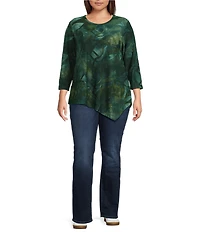 Calessa Plus Size Burnout Tie-Dye Crew Neck 3/4 Sleeve Asymmetric Hem Tunic