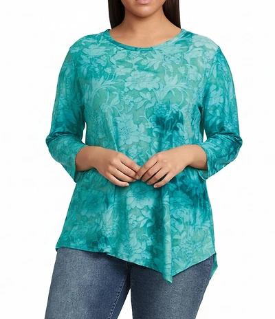 Calessa Plus Size Burnout Tie-Dye Crew Neck 3/4 Sleeve Asymmetric Hem Tunic