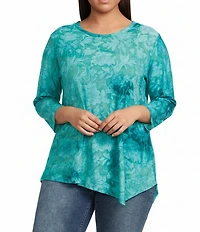 Calessa Plus Size Burnout Tie-Dye Crew Neck 3/4 Sleeve Asymmetric Hem Tunic
