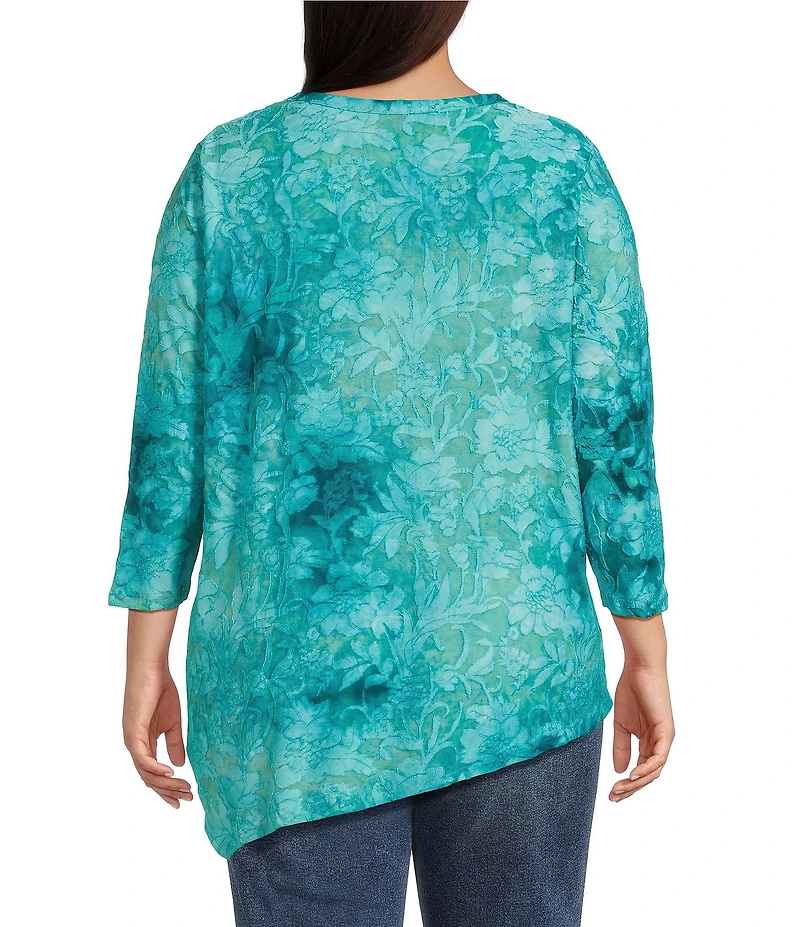 Calessa Plus Size Burnout Tie-Dye Crew Neck 3/4 Sleeve Asymmetric Hem Tunic