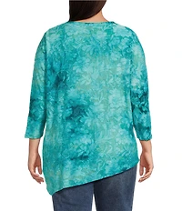 Calessa Plus Size Burnout Tie-Dye Crew Neck 3/4 Sleeve Asymmetric Hem Tunic