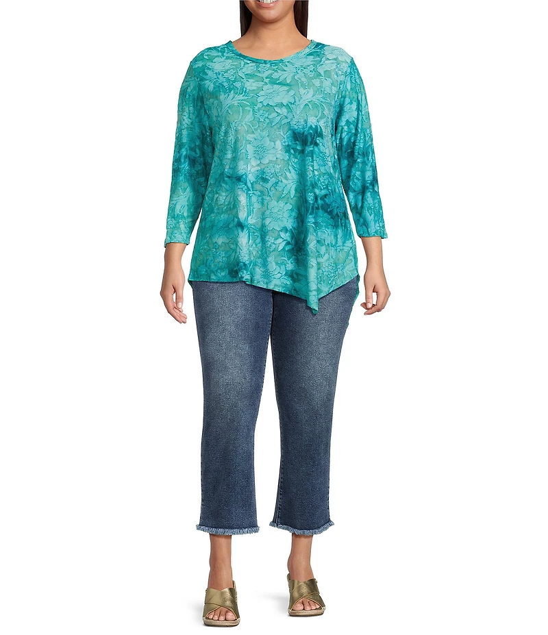 Calessa Plus Size Burnout Tie-Dye Crew Neck 3/4 Sleeve Asymmetric Hem Tunic