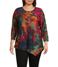 Calessa Plus Size Burnout Tie-Dye Crew Neck 3/4 Sleeve Asymmetric Tunic