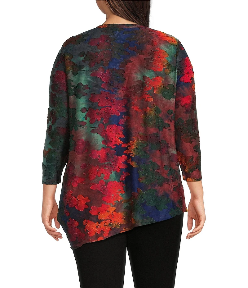 Calessa Plus Size Burnout Tie-Dye Crew Neck 3/4 Sleeve Asymmetric Tunic