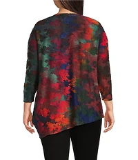 Calessa Plus Size Burnout Tie-Dye Crew Neck 3/4 Sleeve Asymmetric Tunic