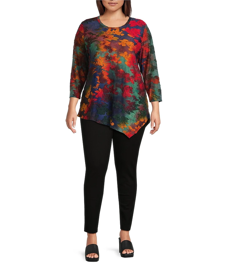 Calessa Plus Size Burnout Tie-Dye Crew Neck 3/4 Sleeve Asymmetric Tunic
