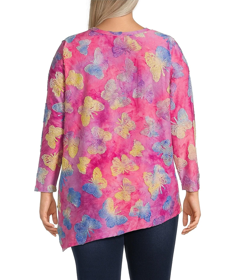 Calessa Plus Size Burnout Tie-Dye Butterfly Crew Neck 3/4 Sleeve Asymmetrical Hem Tunic