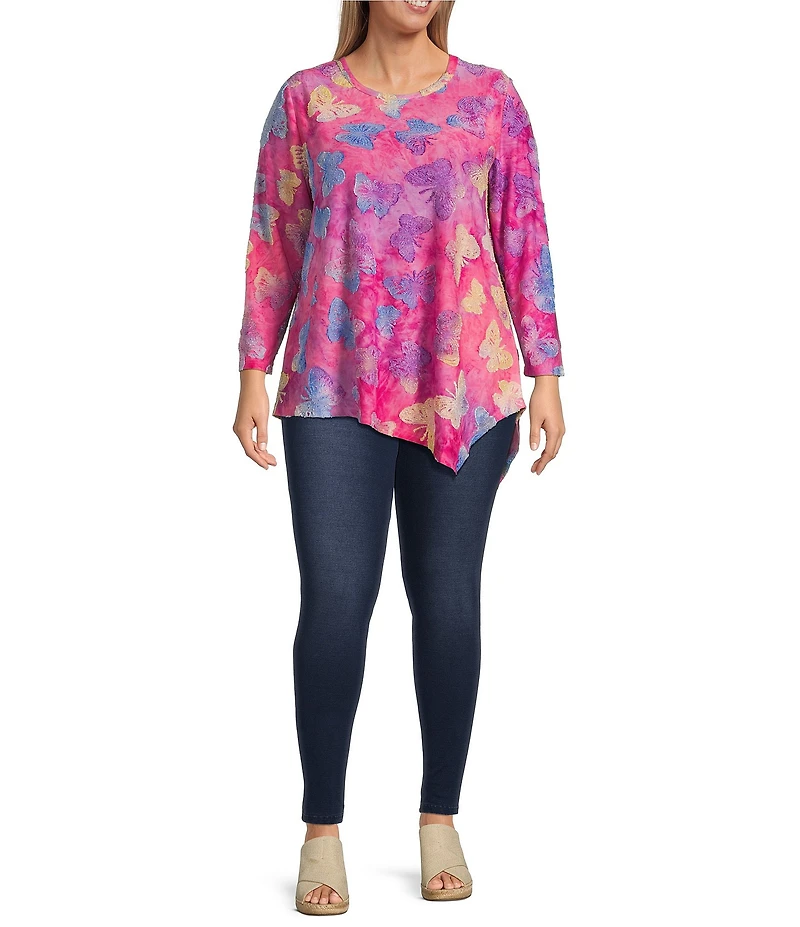 Calessa Plus Size Burnout Tie-Dye Butterfly Crew Neck 3/4 Sleeve Asymmetrical Hem Tunic