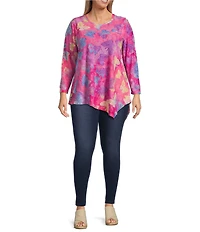 Calessa Plus Size Burnout Tie-Dye Butterfly Crew Neck 3/4 Sleeve Asymmetrical Hem Tunic