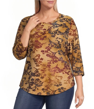 Calessa Plus Size Burnout Tie-Dye Crew Neck 3/4 Sleeve Top