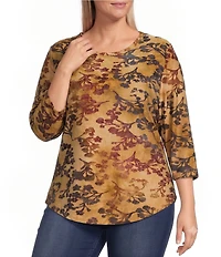 Calessa Plus Size Burnout Tie-Dye Crew Neck 3/4 Sleeve Top